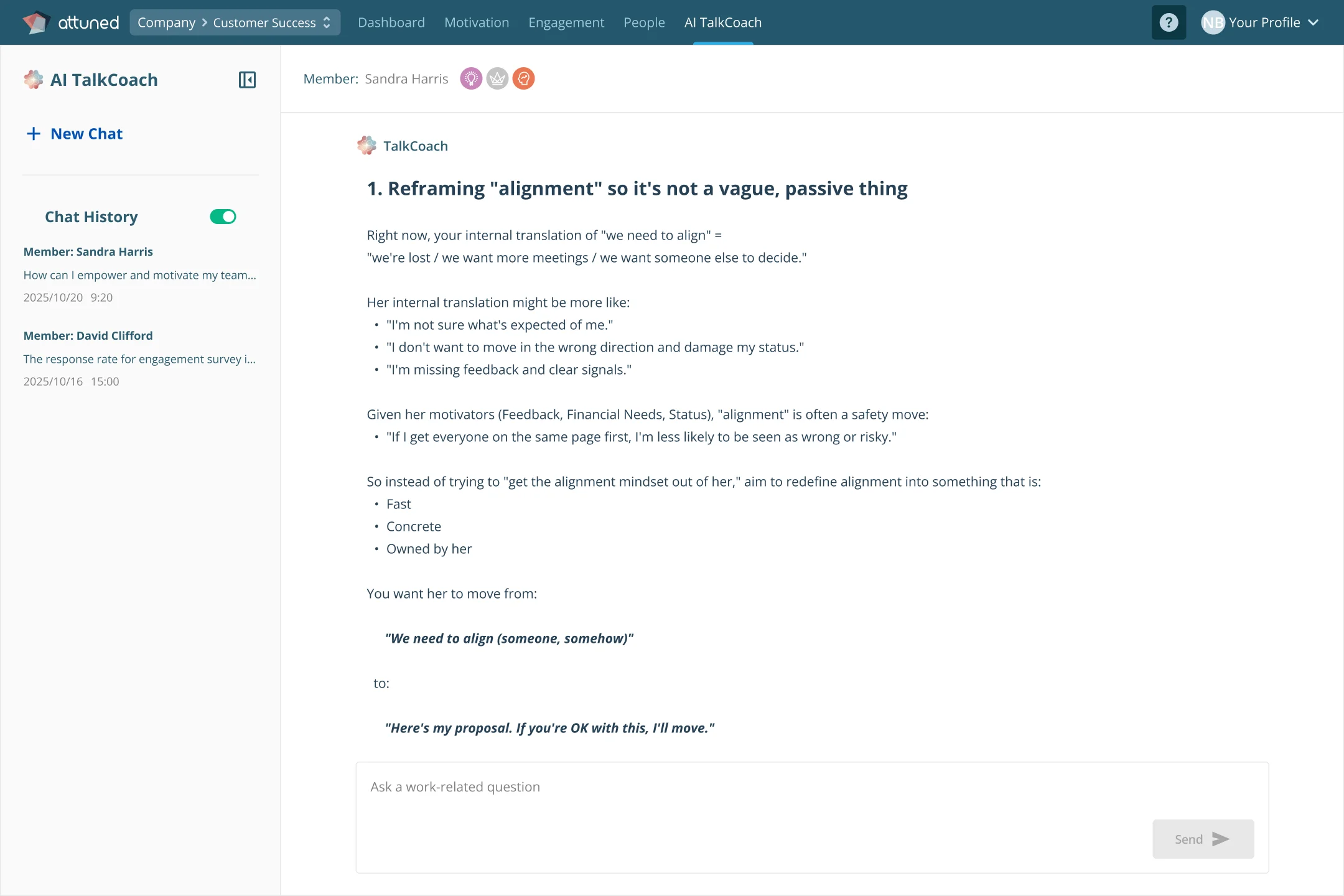 TalkCoach analysis reframing Gabriella's requests for alignment as a safety behavior driven by her Feedback and Status motivators
