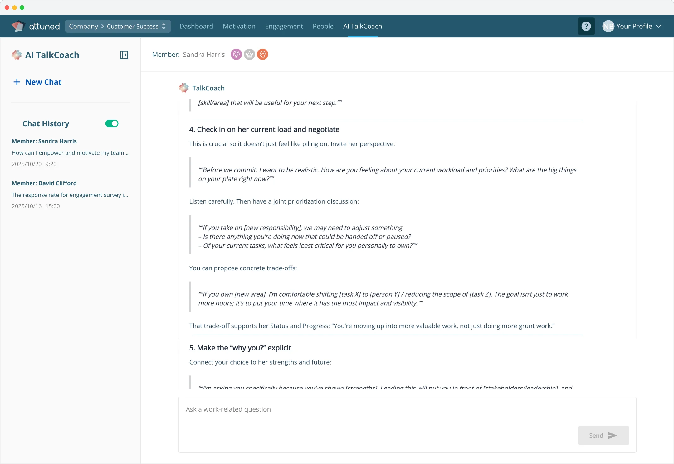 Attuned TalkCoach product screenshot showing AI-generated 1-on-1 coaching framing, with three goal points and an opening script tailored to a direct report's intrinsic motivator profile