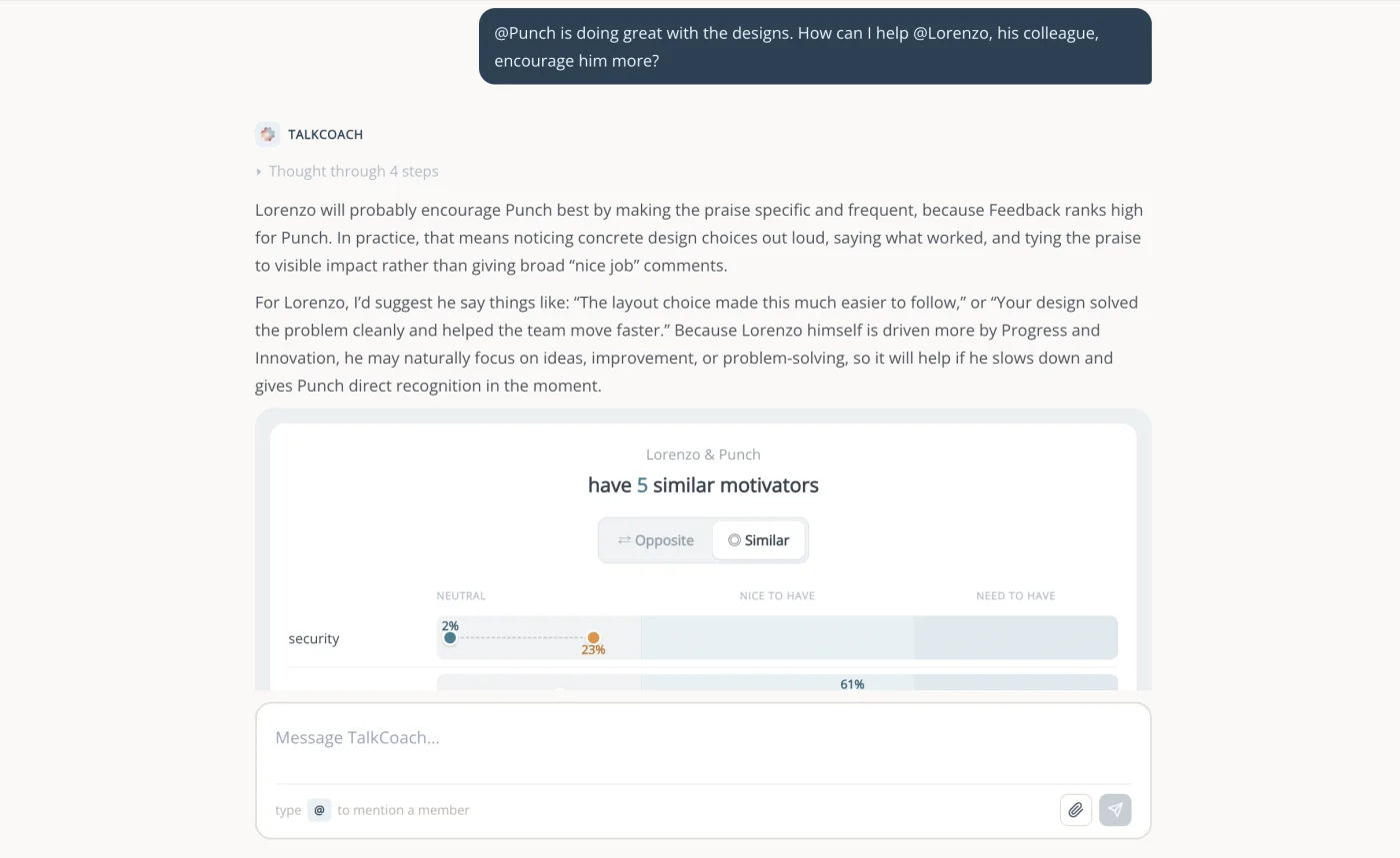 TalkCoach advising a manager on how to help one member encourage a colleague, grounded in a motivator comparison between the two