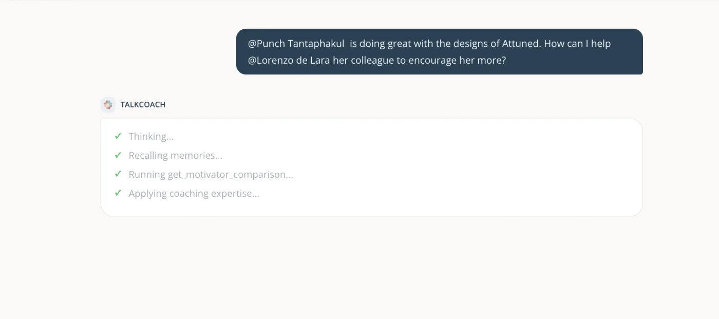 TalkCoach answering a manager's question about two real members by running get_motivator_comparison on their intrinsic motivator data