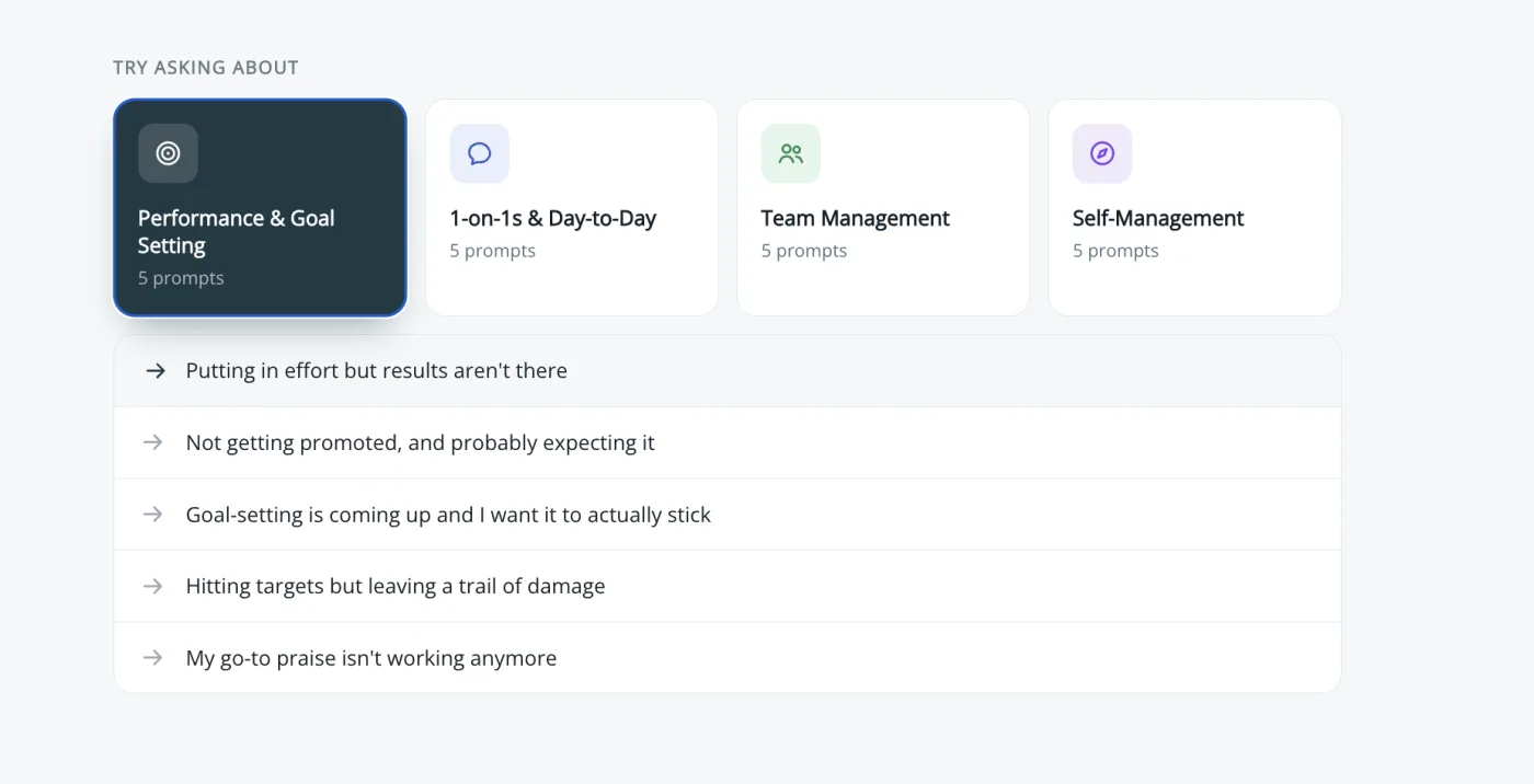 TalkCoach prompt library showing performance and goal-setting prompts a manager can start a coaching conversation from