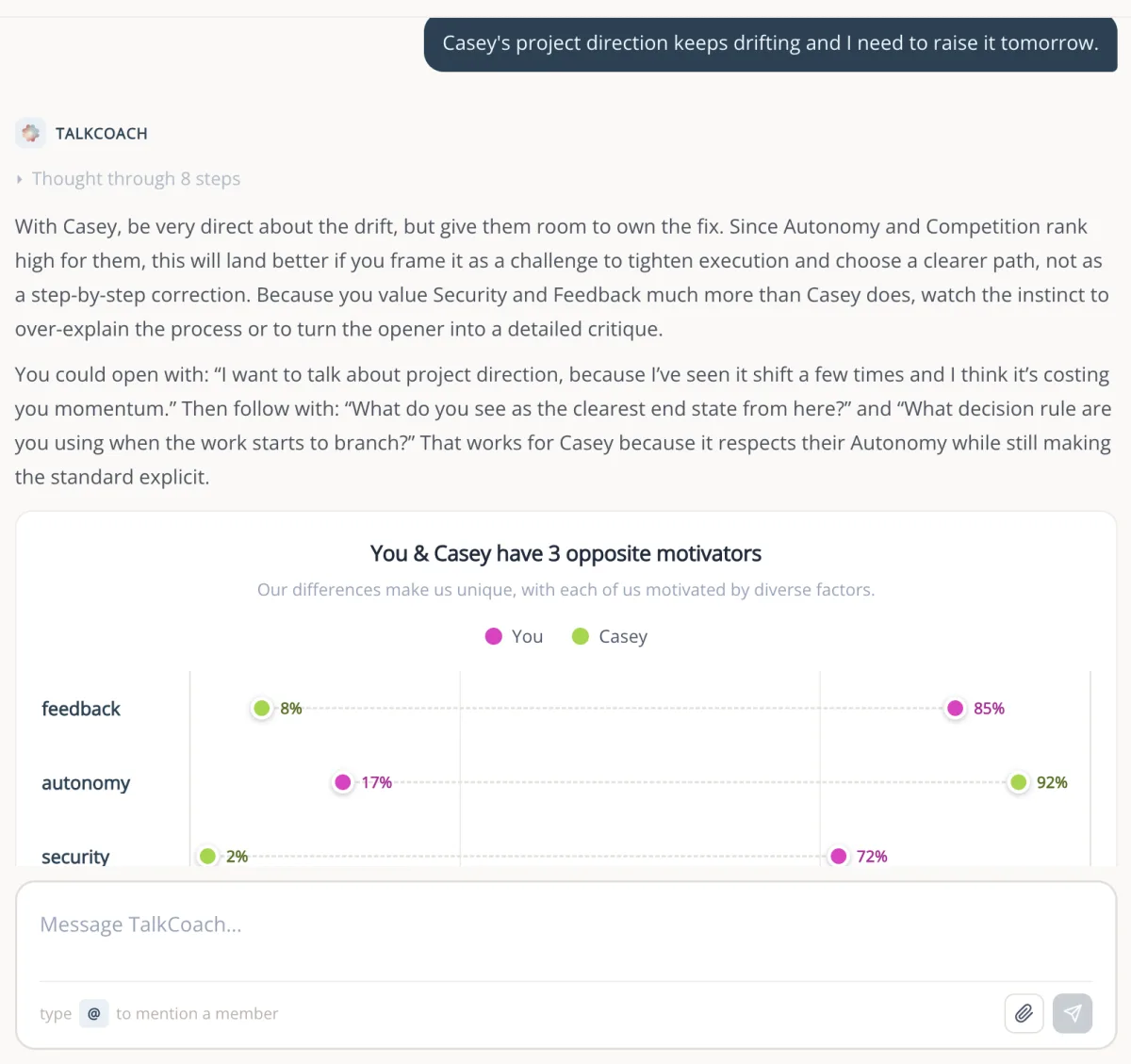 How to give negative feedback positively: TalkCoach's advice tailored to a direct report's motivator profile