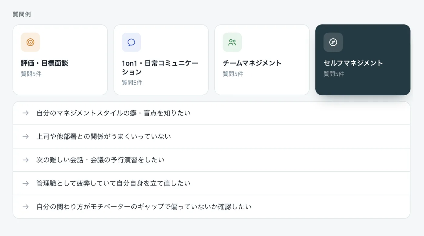 TalkCoach X の画面。セルフマネジメントを選ぶと「次の難しい会話・会議の予行演習をしたい」などの質問例が並ぶ。
