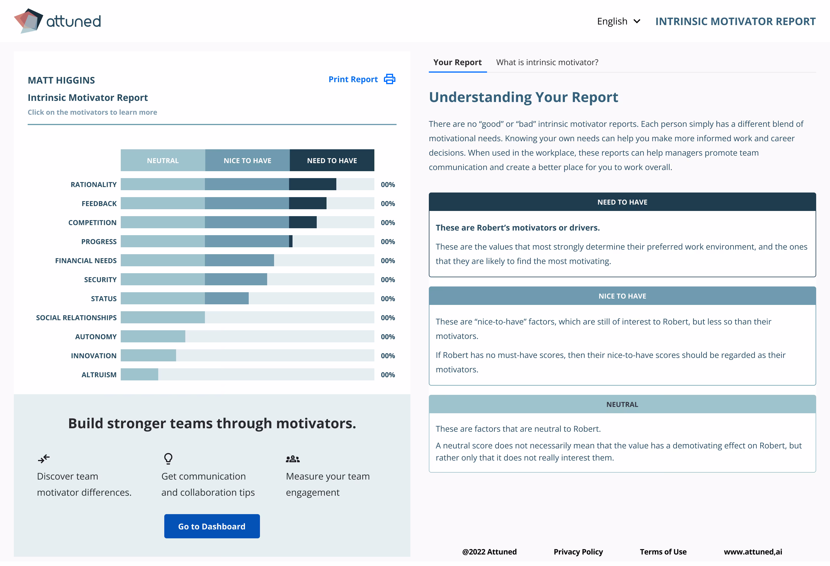 Attuned motivator breakdown - individual profile results