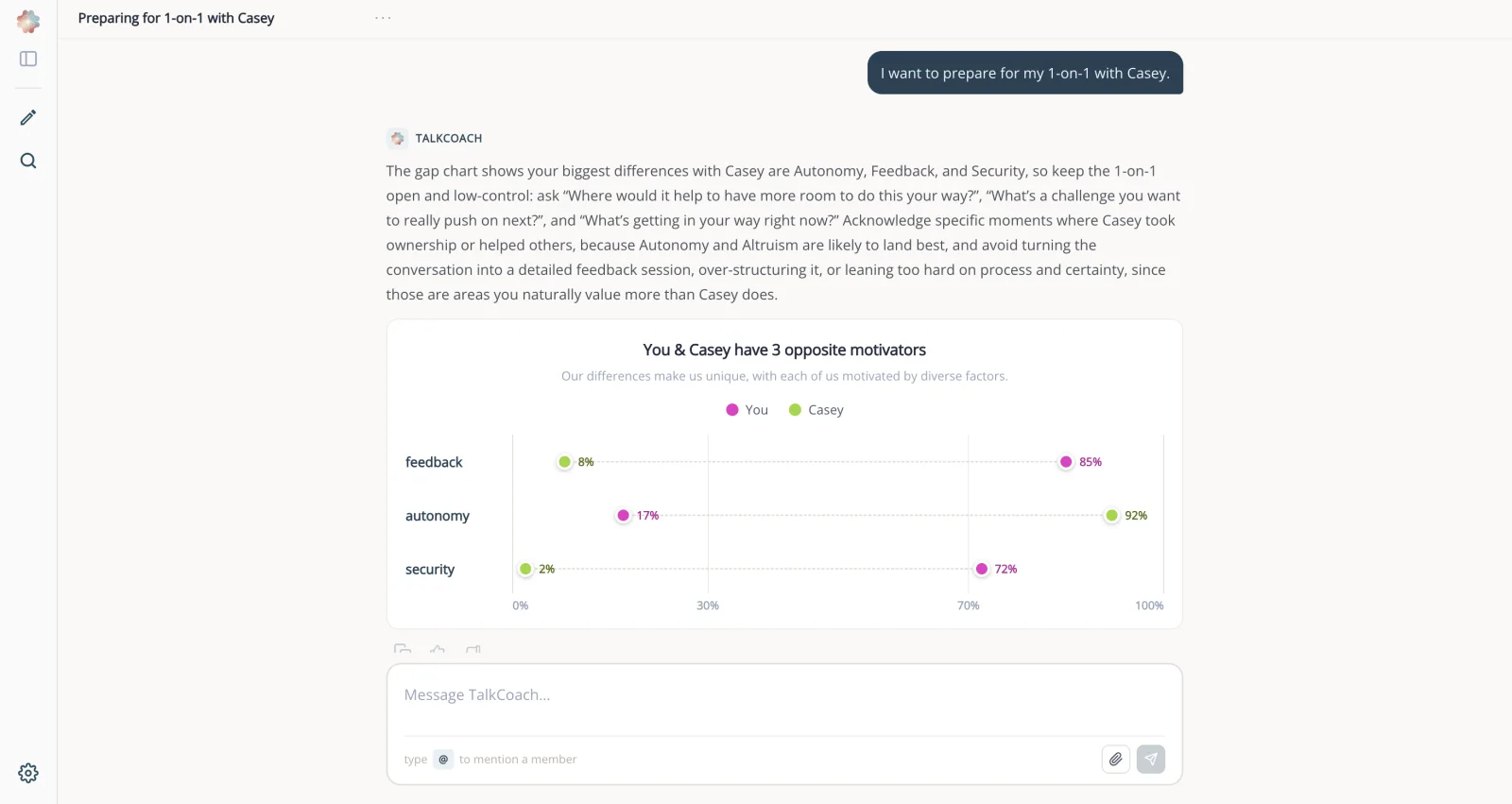 Attuned AI TalkCoach preparing a manager for a 1-on-1, showing where they and a team member have opposite motivators