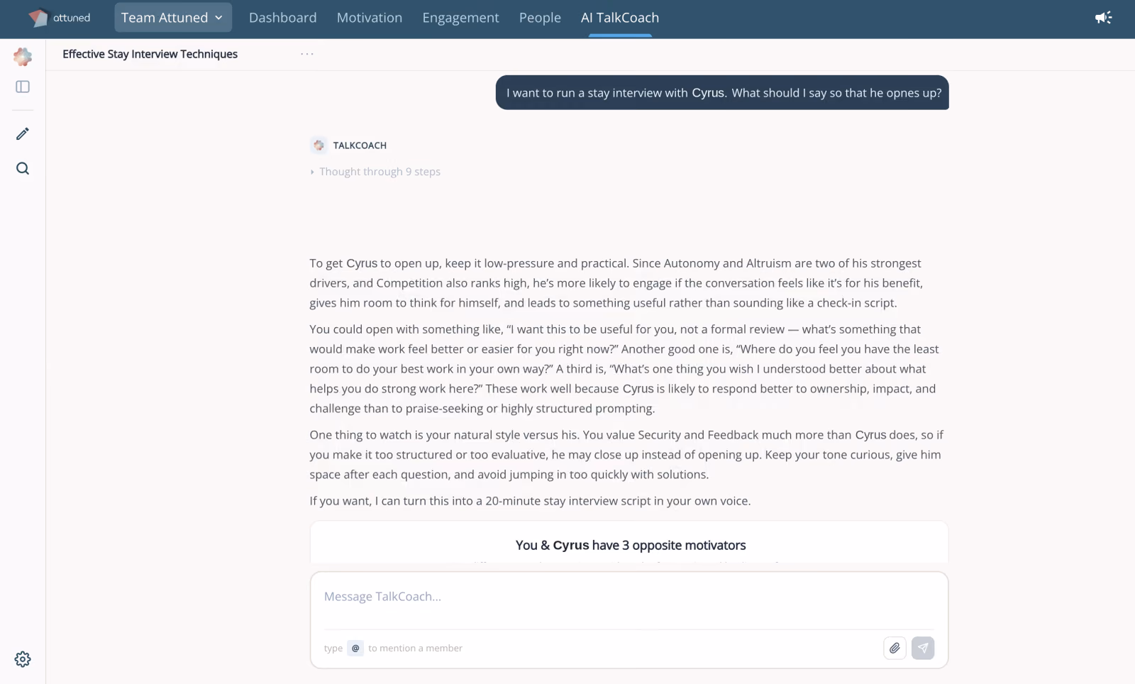 Attuned AI TalkCoach suggesting stay interview questions tuned to a member's motivators
