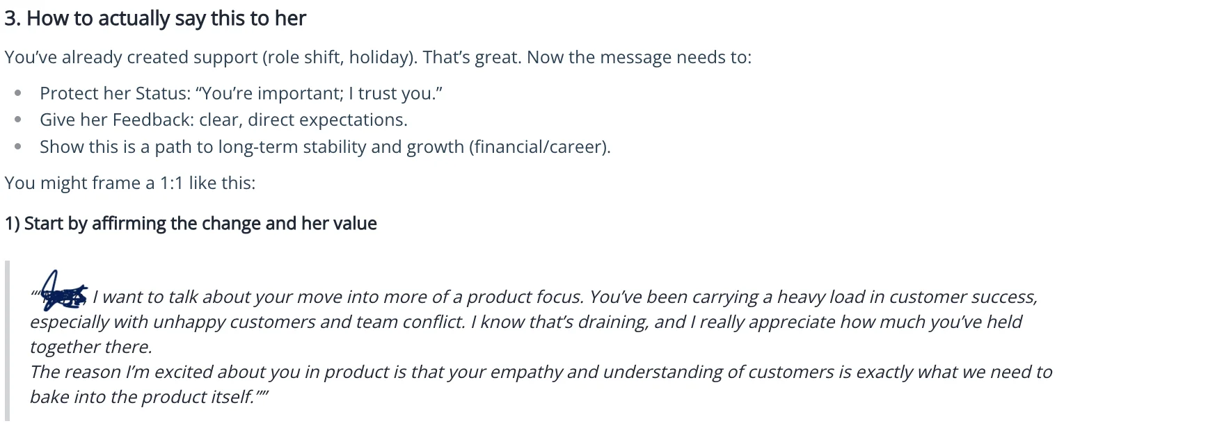 TalkCoach guidance on how to frame the 1:1 conversation, showing three message goals and a sample opening script affirming Gabriella's value during the role transition