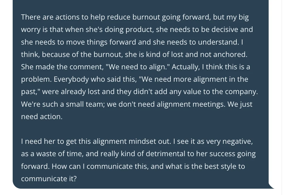 Screenshot of TalkCoach input showing Casey's description of Gabriella's alignment behavior, written from a frustrated manager perspective before coaching