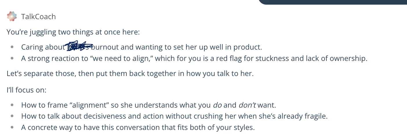 TalkCoach coaching response identifying that the manager is juggling two concerns simultaneously and needs to separate them before responding
