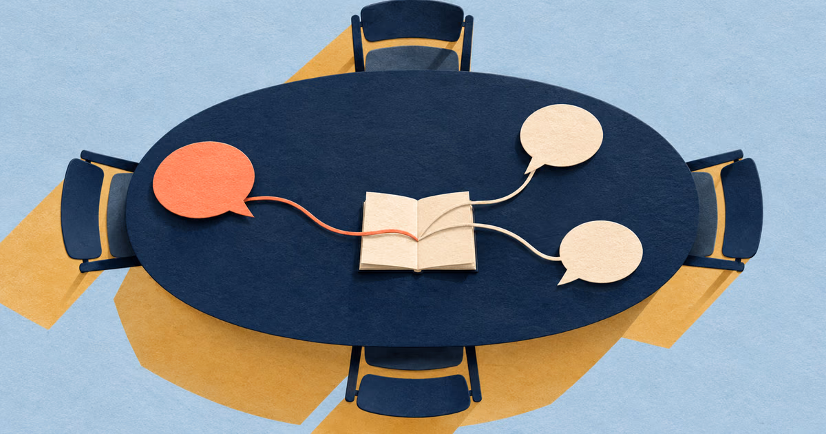 Paper speech bubbles around a meeting table represent making room for concerns and recording a response.